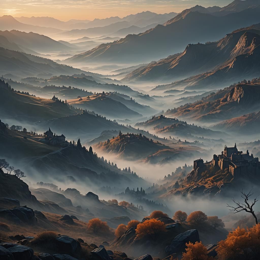 Misty Valley at Dawn: Cinematic Matte Painting