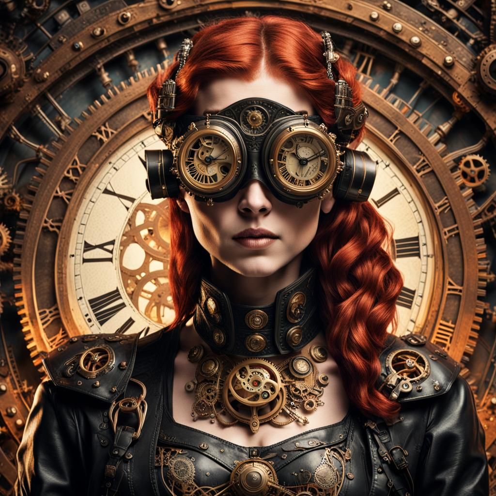 Steampunk Woman with Goggles and Clockwork Background