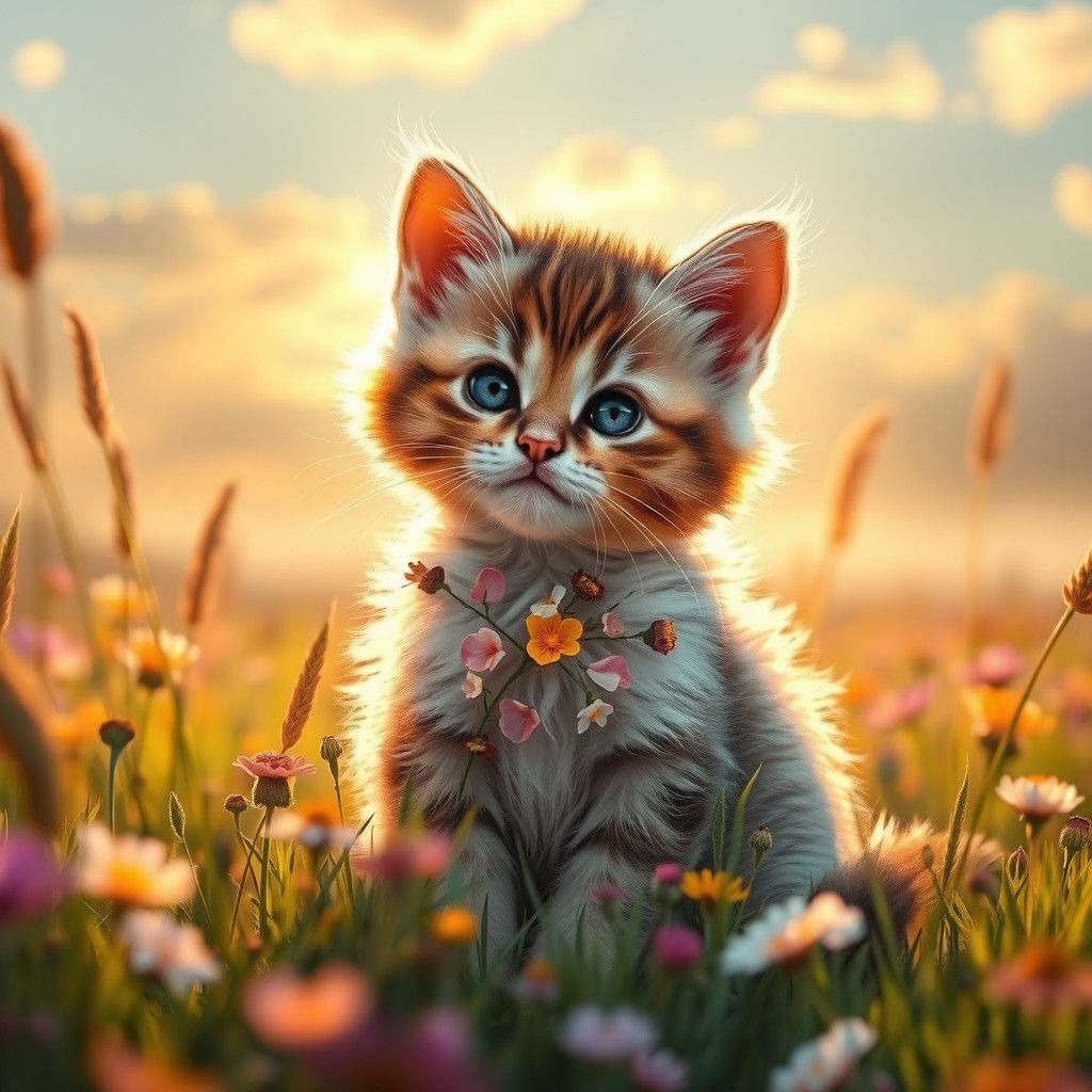 Floral Kitten in Meadow at Dawn: Fantasy Concept Art
