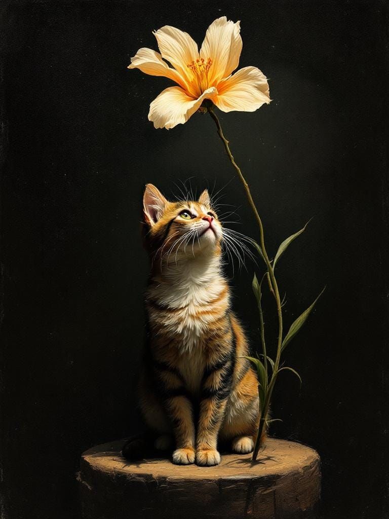 Cat Under Flower in Film Noir Impasto Style