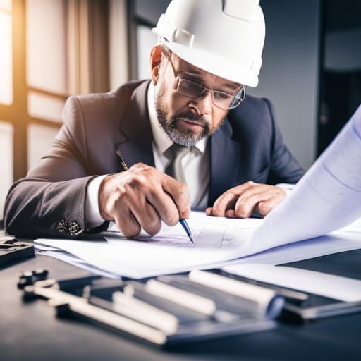 Engineer Reviews Blueprint with Precision