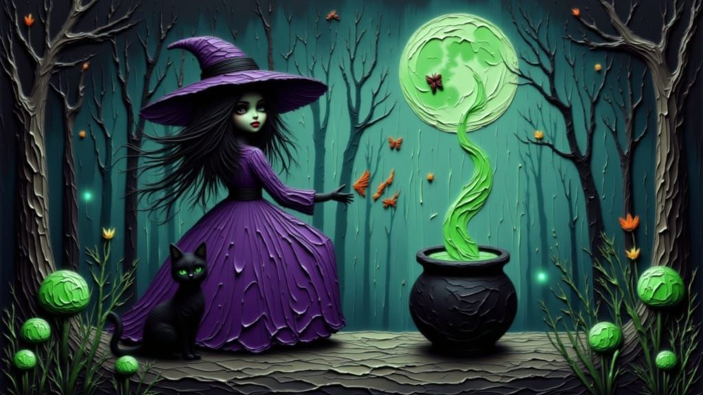 Mystical Witch and Cauldron in Ancient Forest