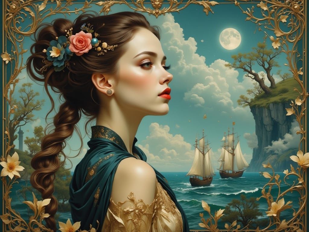 Majestic Woman Gazing at the Ocean in Art Nouveau Style