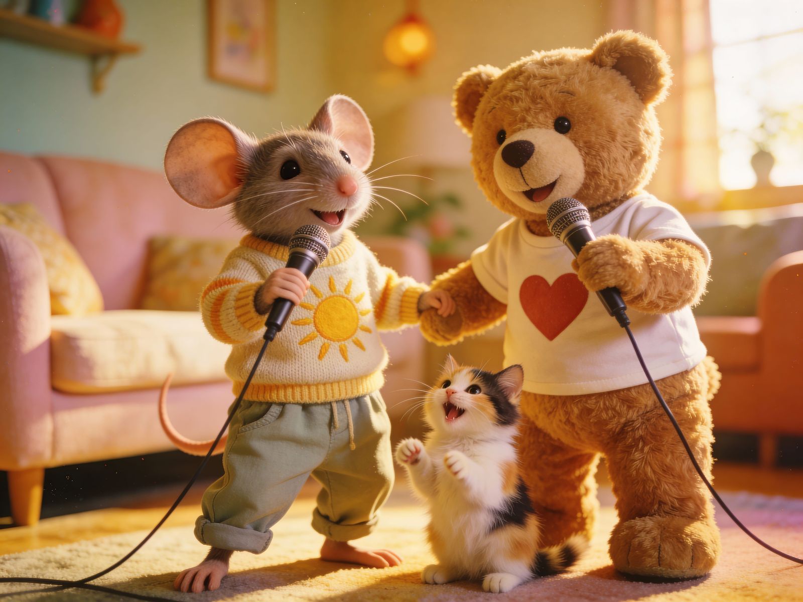 Cute Animals Singing Together in Cozy Living Room