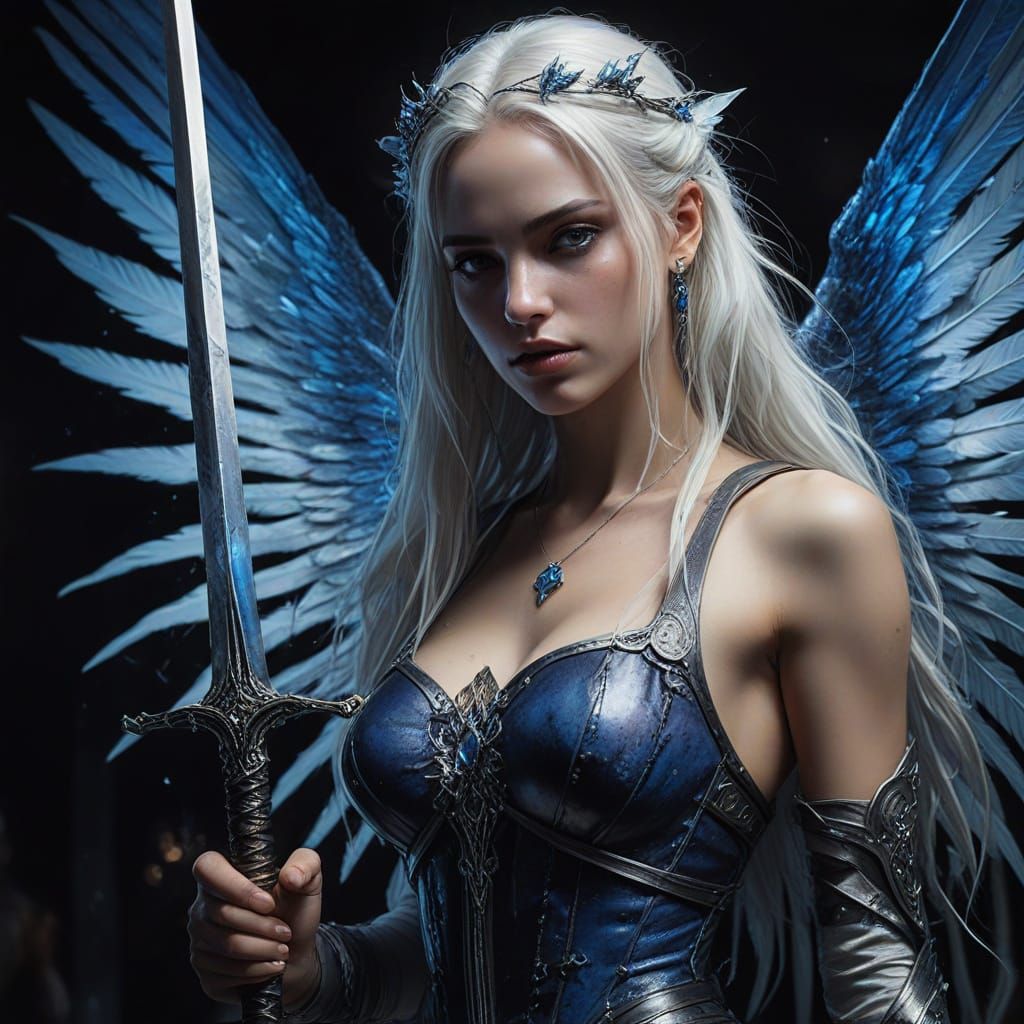 Elegant Dark Fairy in Chiaroscuro with Sword and Wings