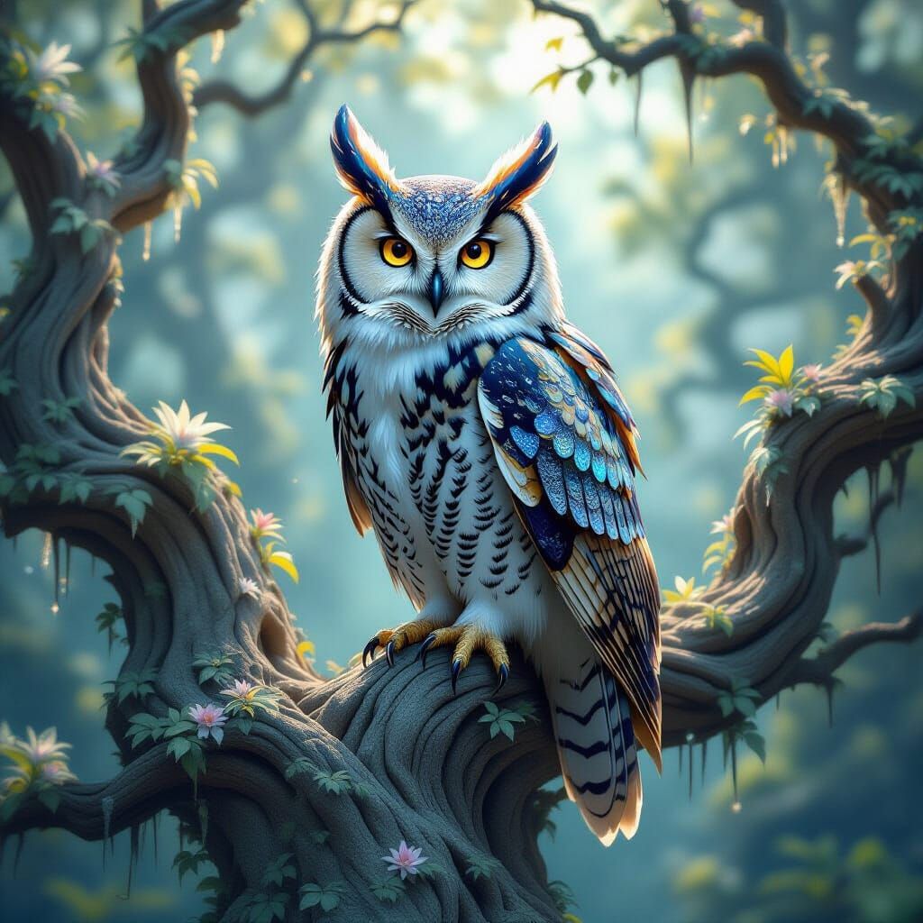 Ancient Owl on Sugar Tree in Ethereal Forest