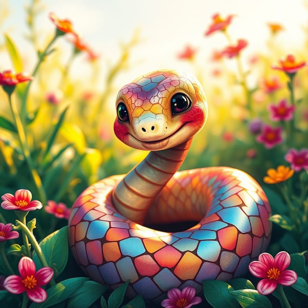 Smiling Snake Coiled in Flowers: Whimsical Digital Art