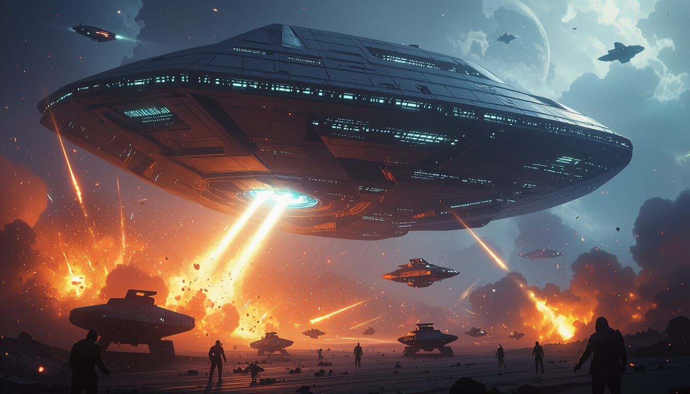 Colossal Bioluminescent Alien Spaceship Amidst Plasma Explos...