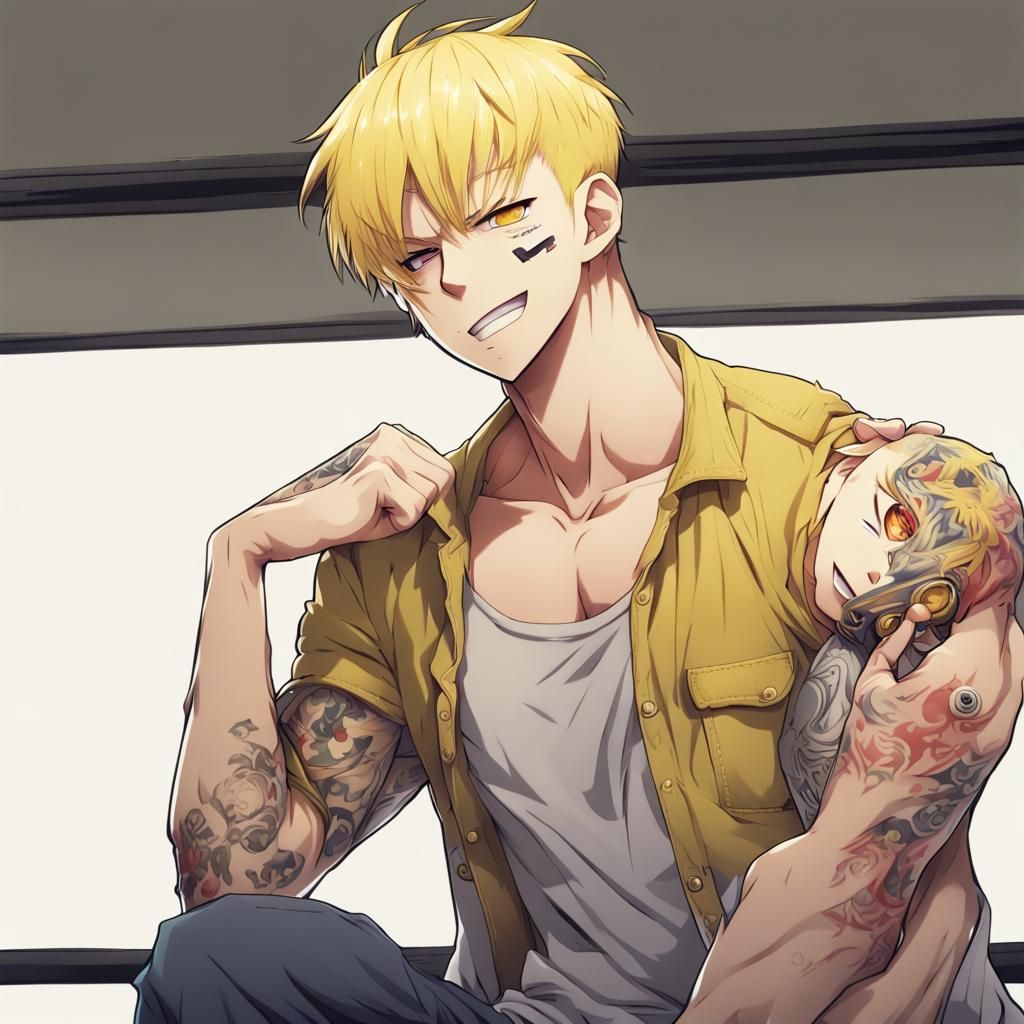 Anime Style Man with Tattoos and Yellow Hair