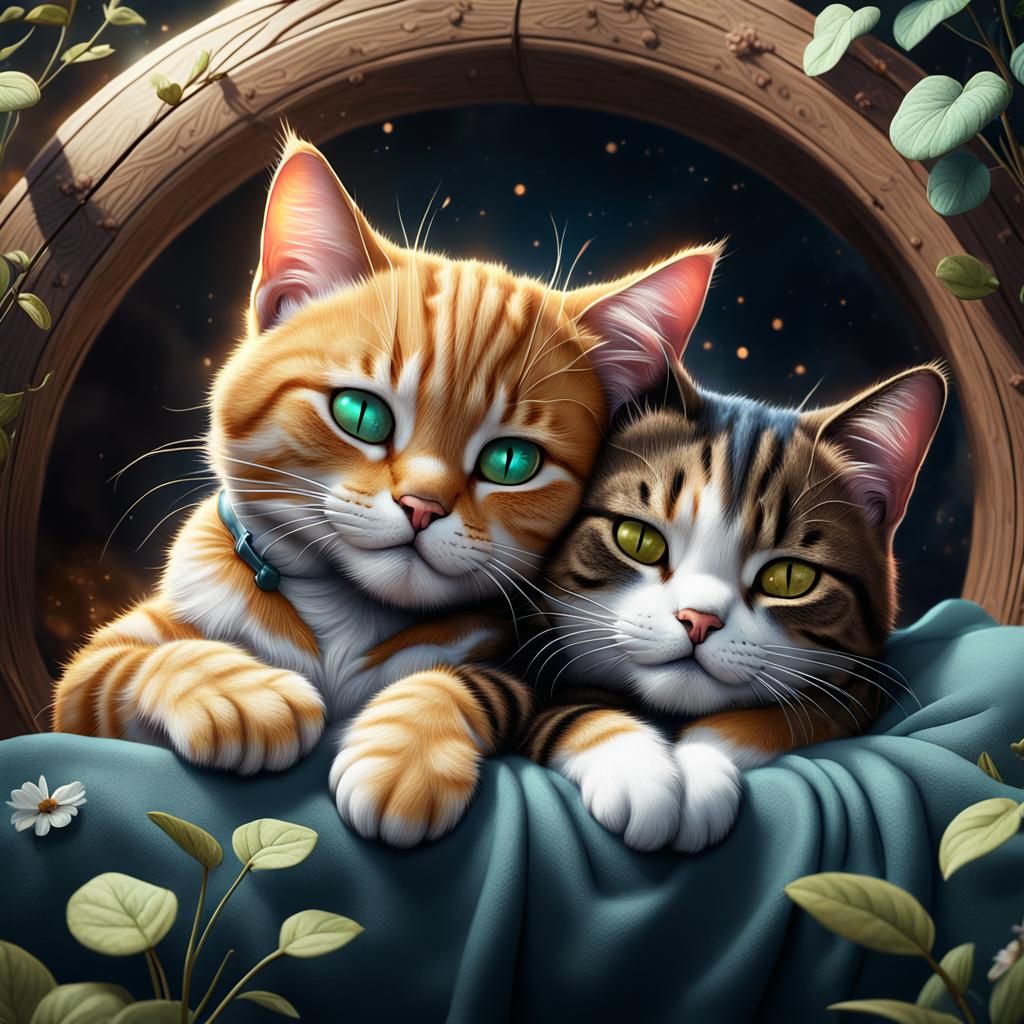 Two Adorable Cats Cuddling in Detailed Painting