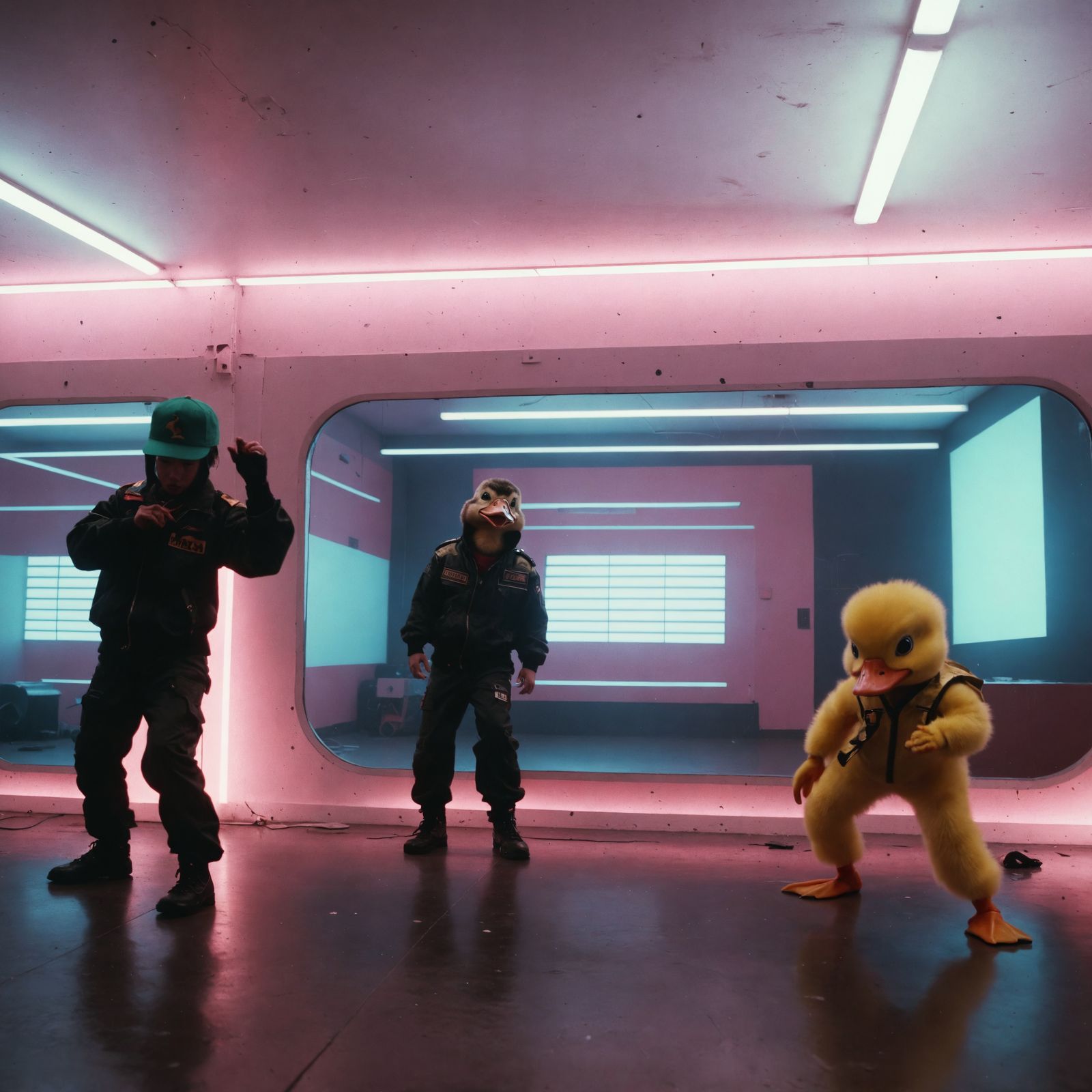 Surreal Duckling Sentai Ranger Breakdancing in Liminal Space