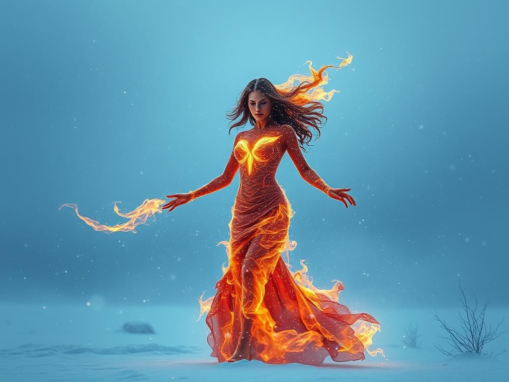 Fiery Woman Beckons in Frozen Landscape