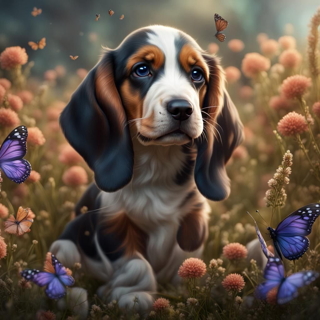Puppy Basset Hound in Butterfly Field: Matte Painting