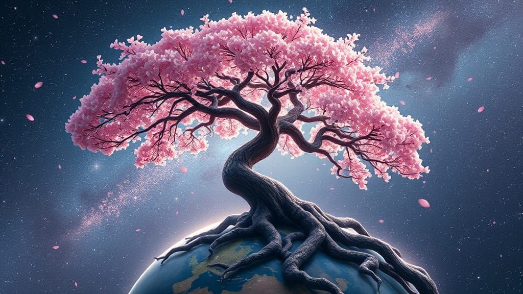 Ethereal Cherry Tree Blooms Amidst Milky Way Galaxy