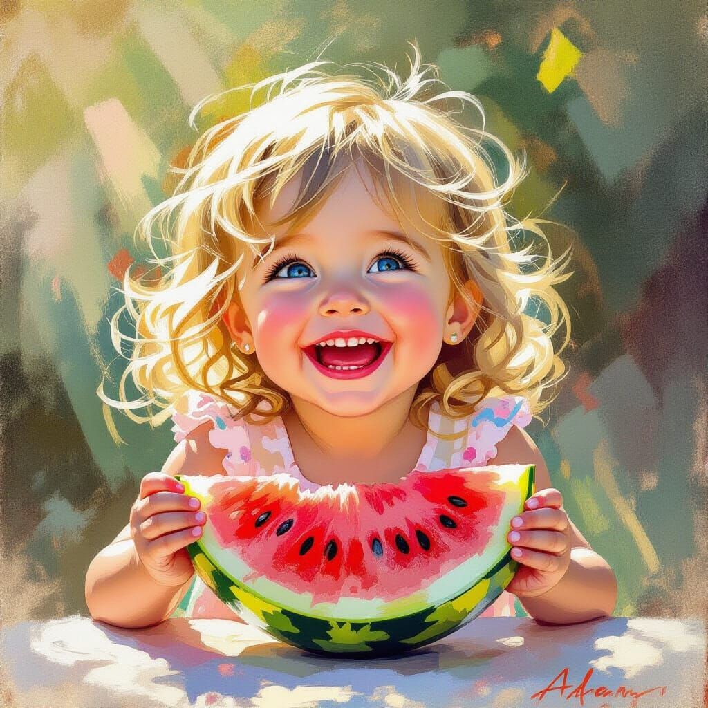 Joyful Blonde Girl Laughing While Eating Watermelon