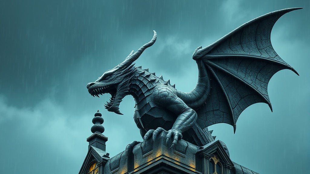Dragon Gargoyle Perched on Cathedral, Digital Art