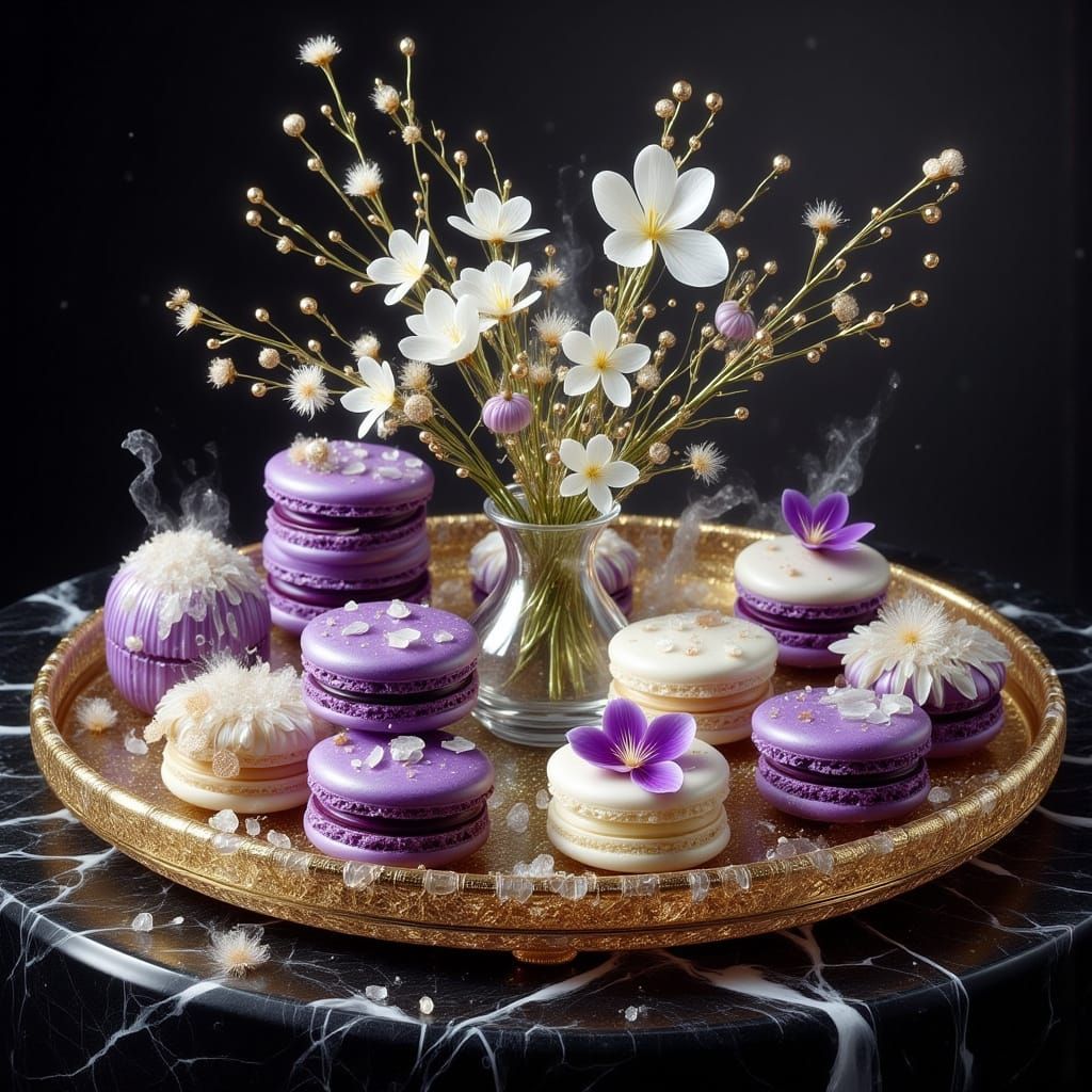 Elegant Macarons with Jasmine in Hyperrealistic Style
