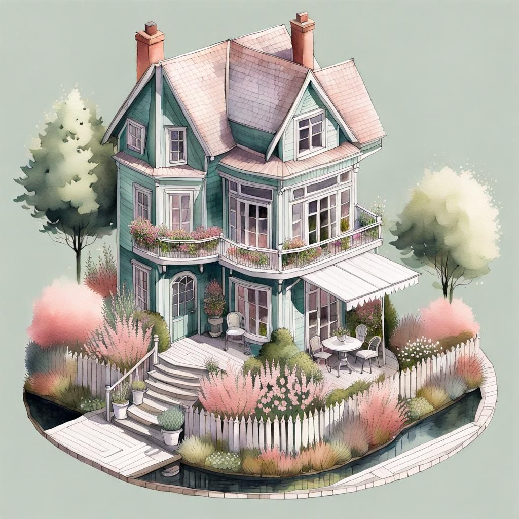 Isometric Victorian Tiny House with Garden in Watercolor