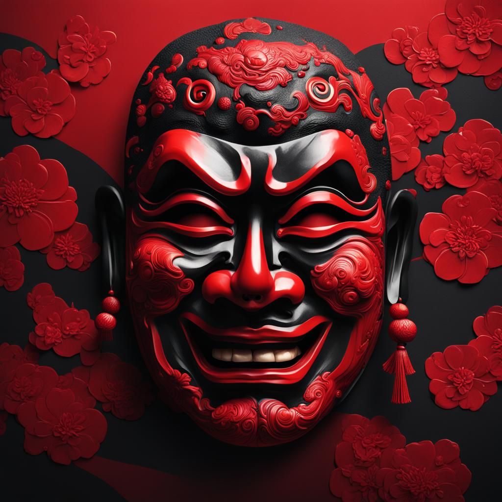Dramatic Red and Black Noh Mask