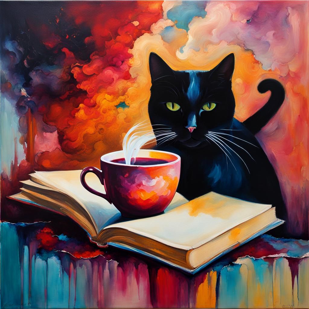 Abstract Acrylic Painting: Cat with Tea and Book
