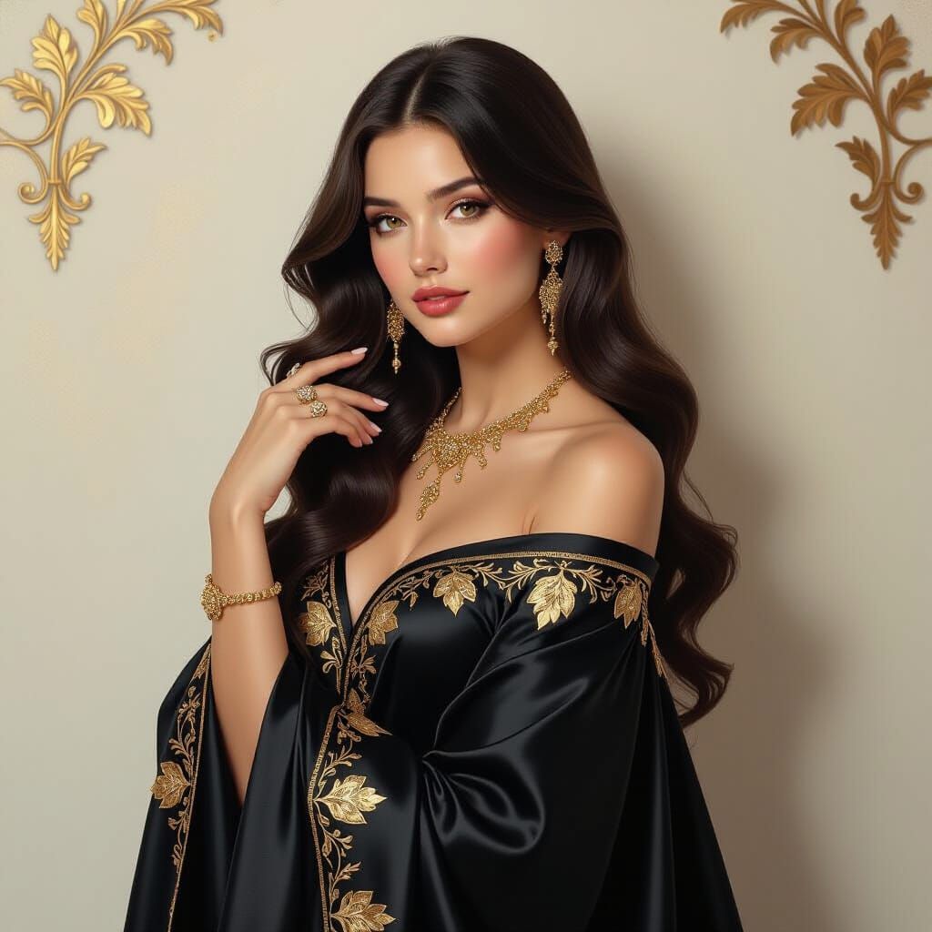 Elegant Woman in Silk with Gold, Art Nouveau Style