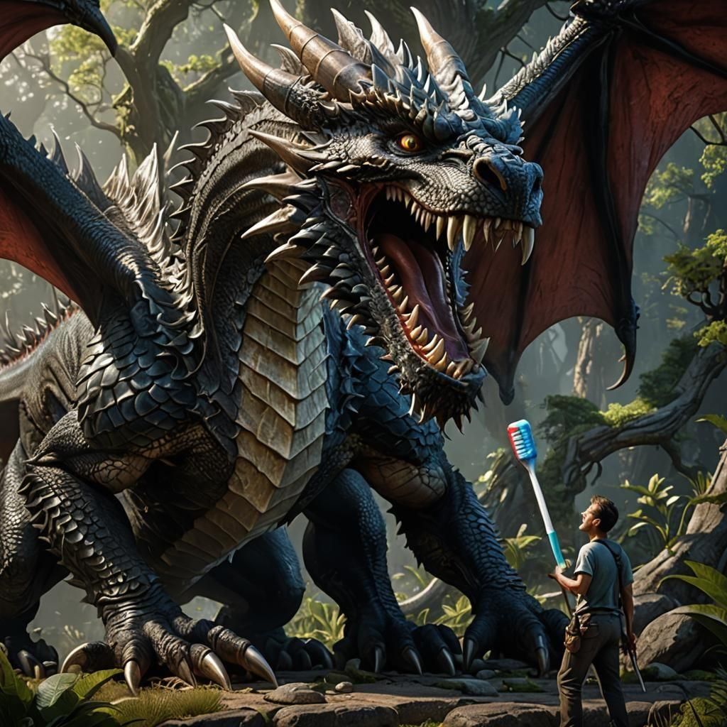 Man Brushes Dragon's Teeth: Detailed Digital Concept Art