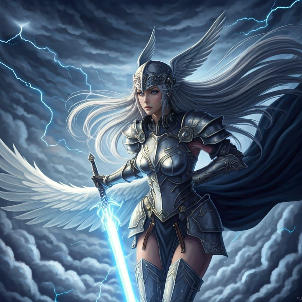 Anime Valkyrie Soaring Through Stormy Skies