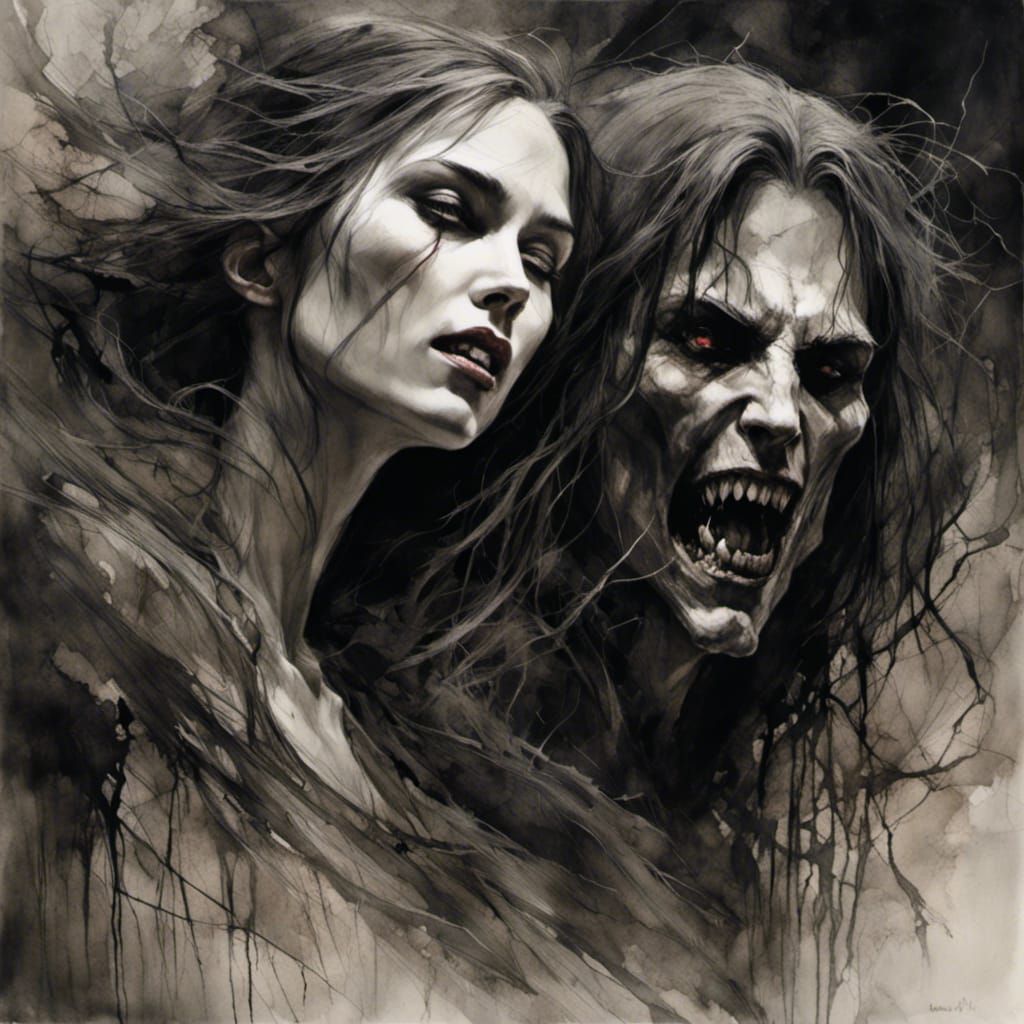 Charcoal Drawing: Beautiful Vampire Couple in Dark Fantasy S...