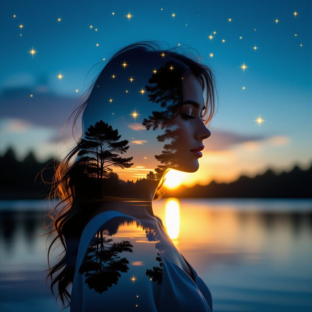 Ethereal Woman Portrait Blending With Beach Sunset Landscape