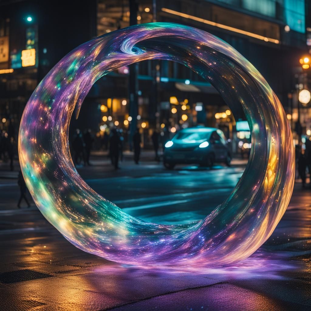 Iridescent Portal Opens on City Street at Night