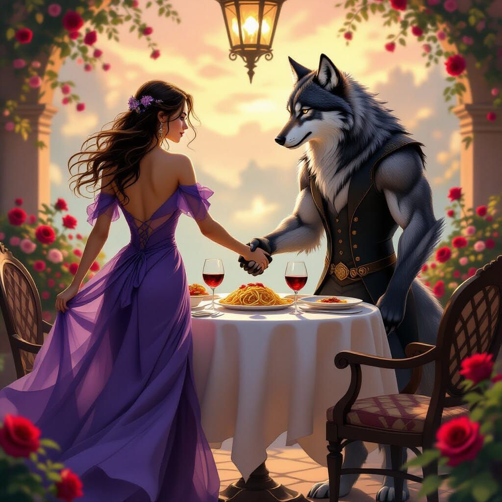 Fantasy Couple Walks to Romantic Dinner