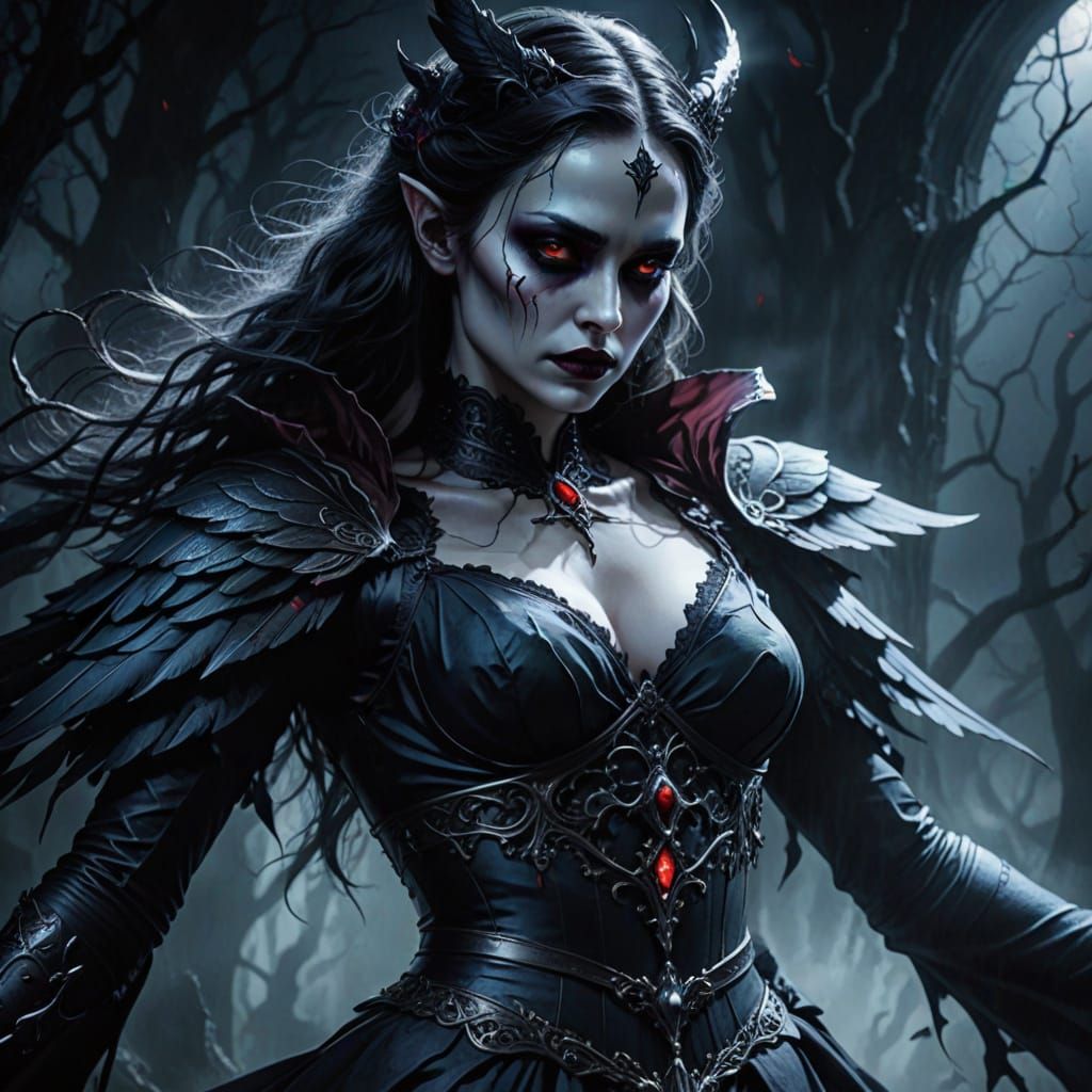 Gothic Dark Fantasy Portrait with Glowing Red Eyes