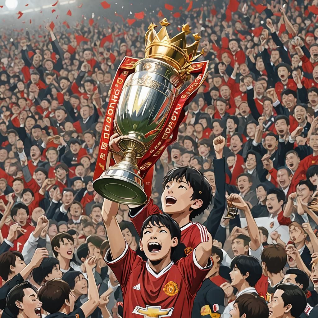 Boy Lifts Premier League Cup in Anime Style