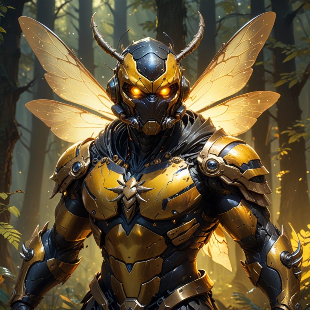 Cyberpunk-Inspired Bee Warrior in Oil Painting