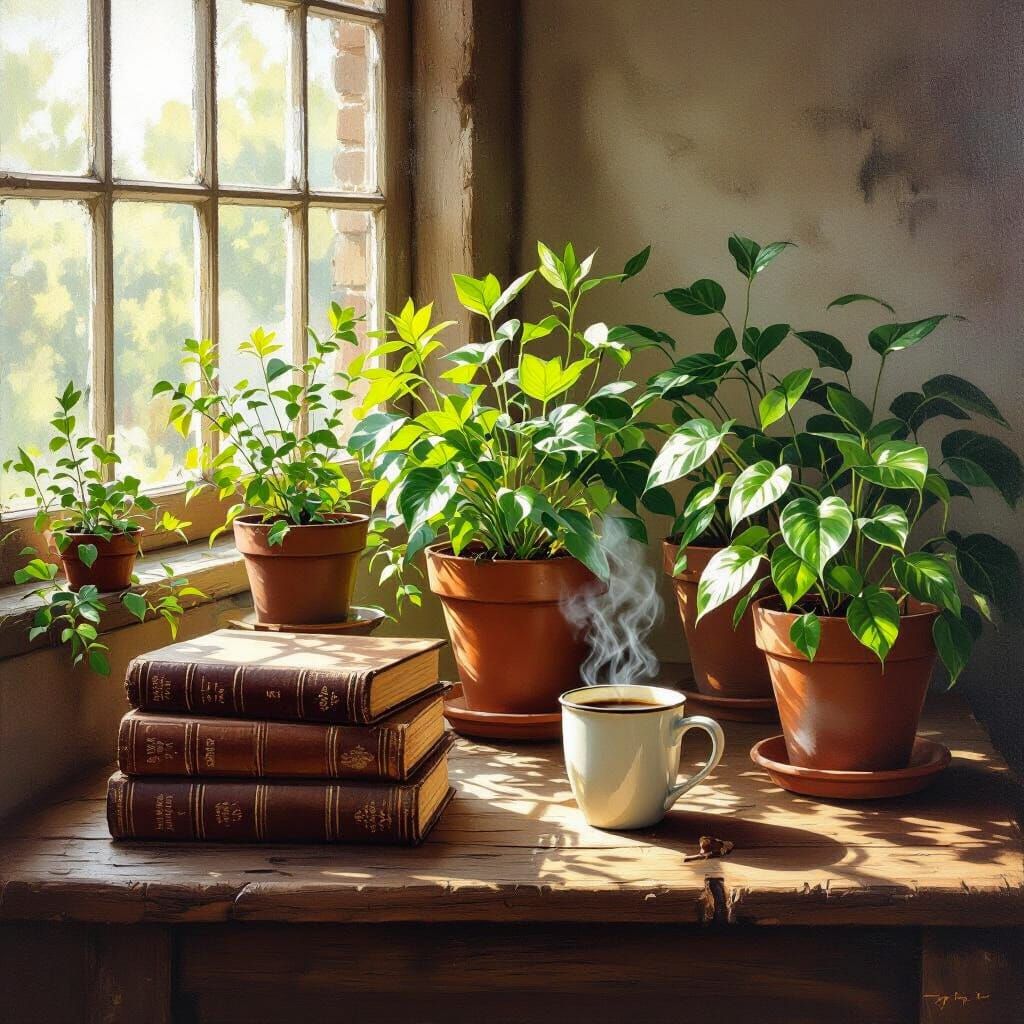 Cozy Still Life: Plants, Books, and Coffee in Warm Light
