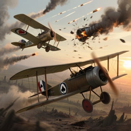 WWI Biplanes Dogfight at Sunset