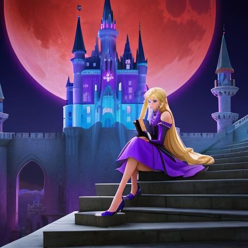 Futuristic Castle Scene with Teenager in Violet Gown