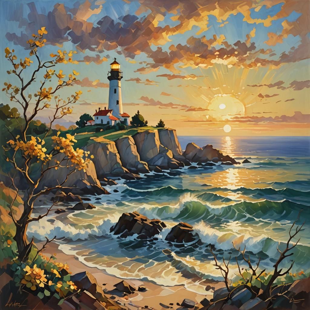 Oceanic Lighthouse Painting in Dreamlike Style