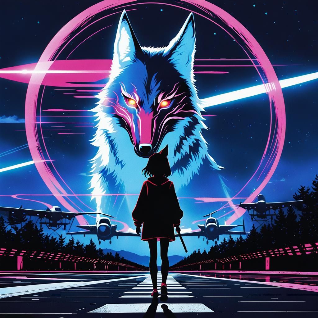 Magic Wolf on Airfield in Anime Style