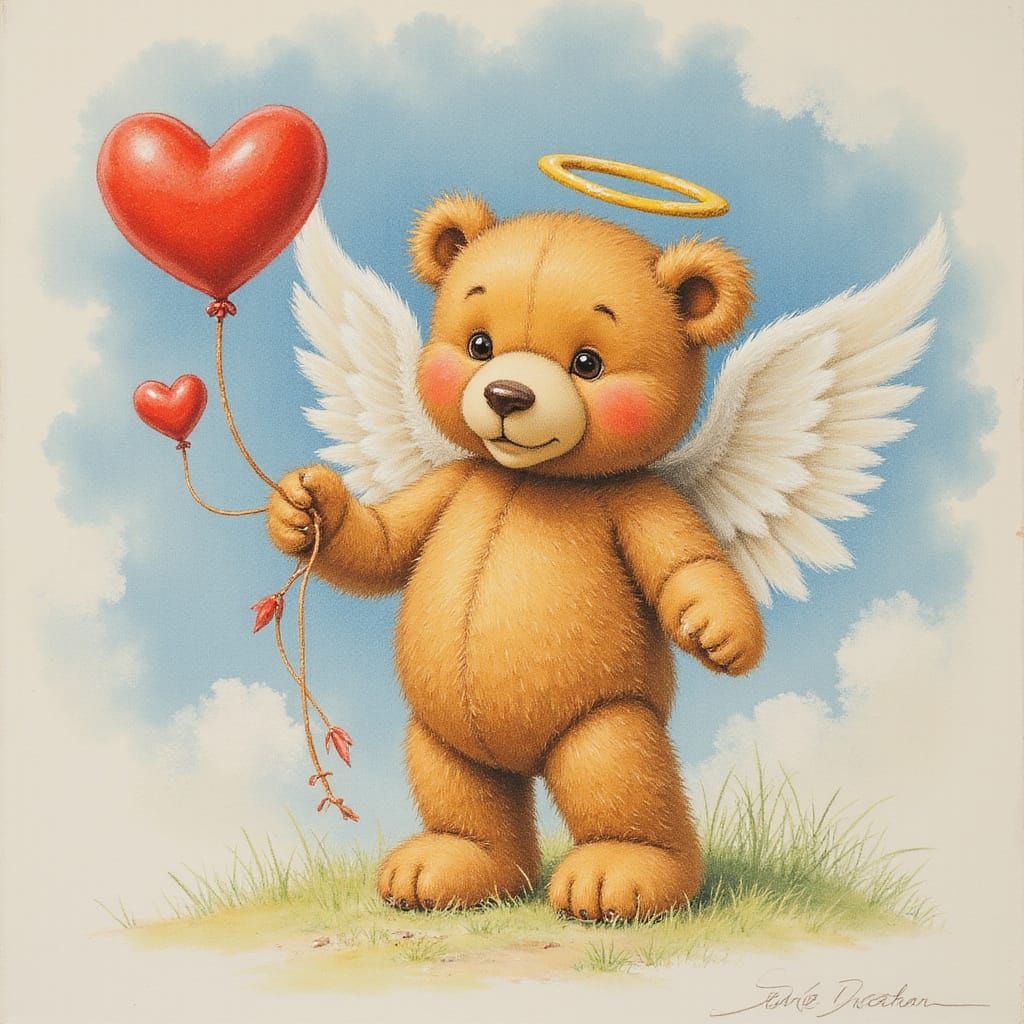 Vintage Teddy Bear Love Angel with Floating Hearts