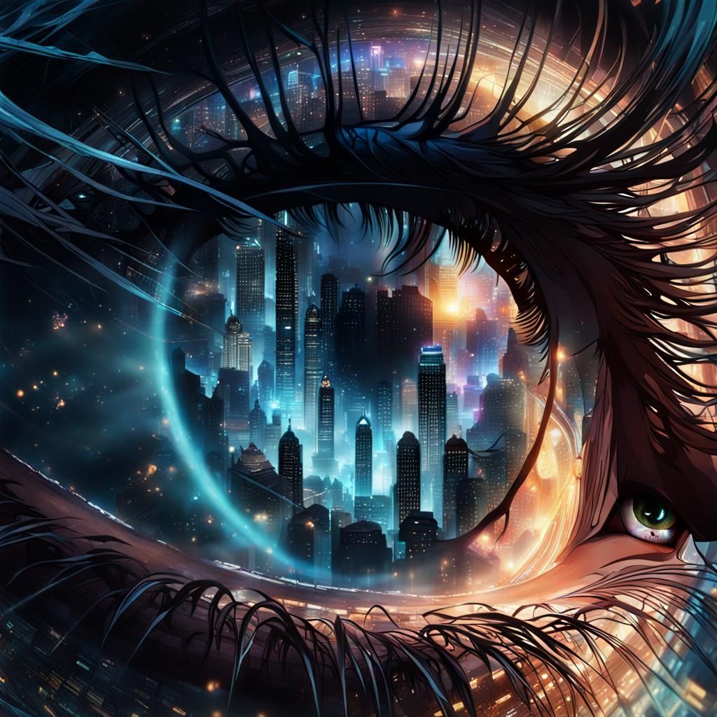 Cyberpunk Eye Reflecting Night Cityscape