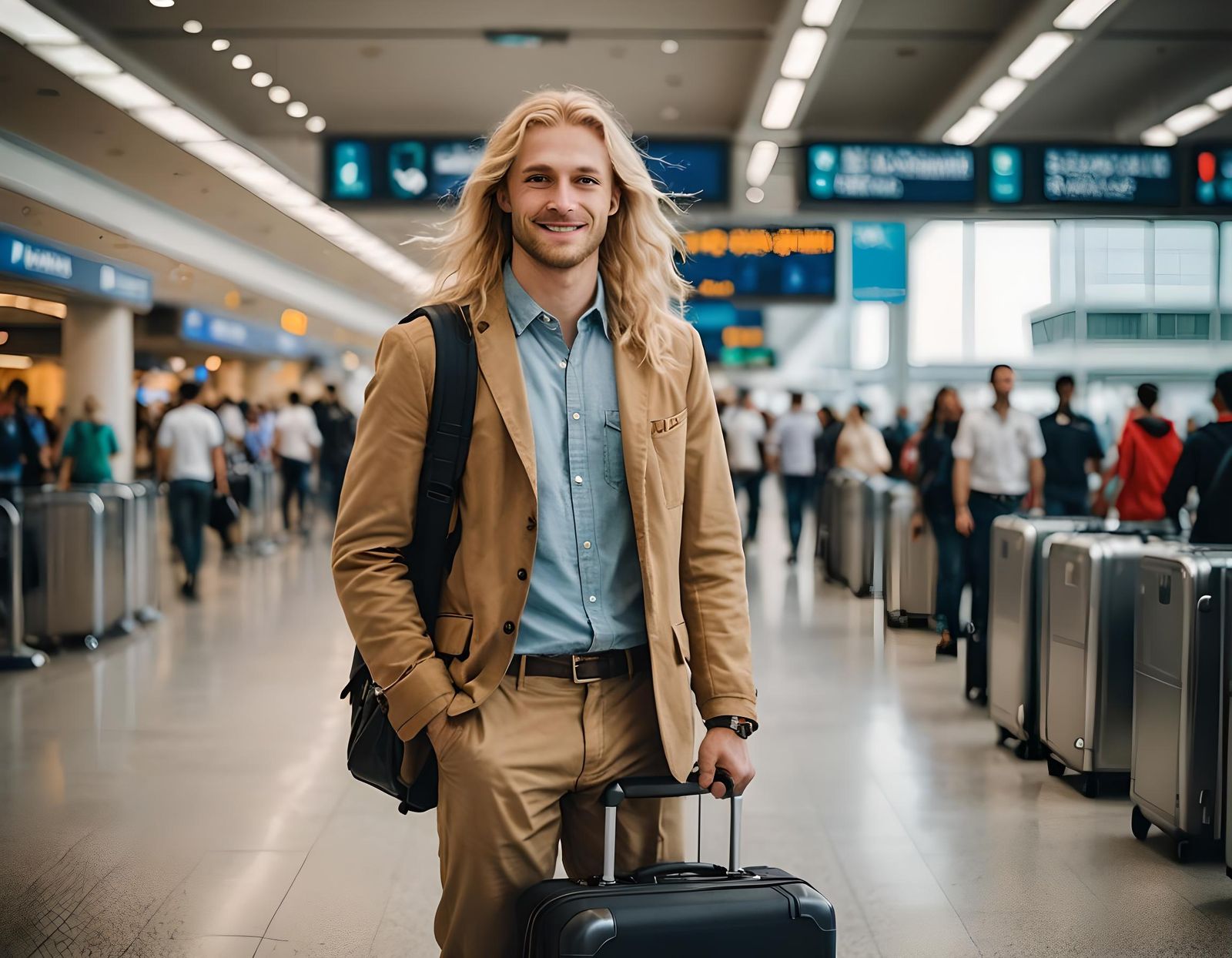 Blond Man with Suitcase Ready for Adventure