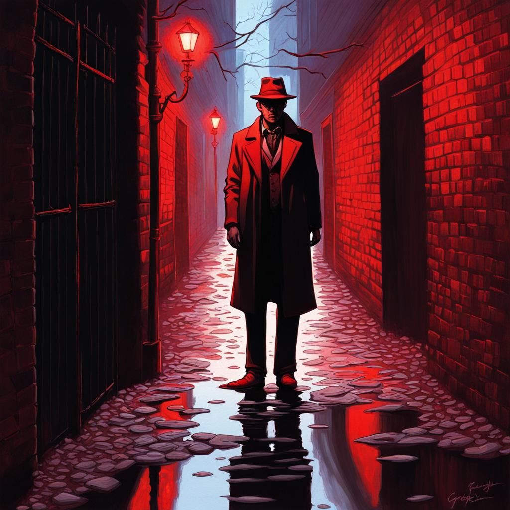 A Mysterious man with a fedora in a red glowing dim alleyway.