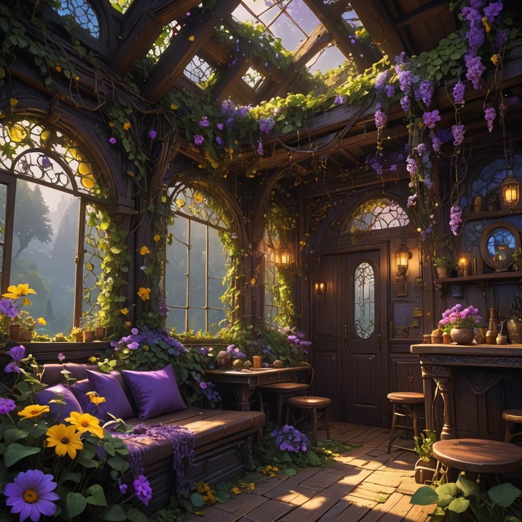 Botanical Dark Fantasy Cabin Interior in 8k
