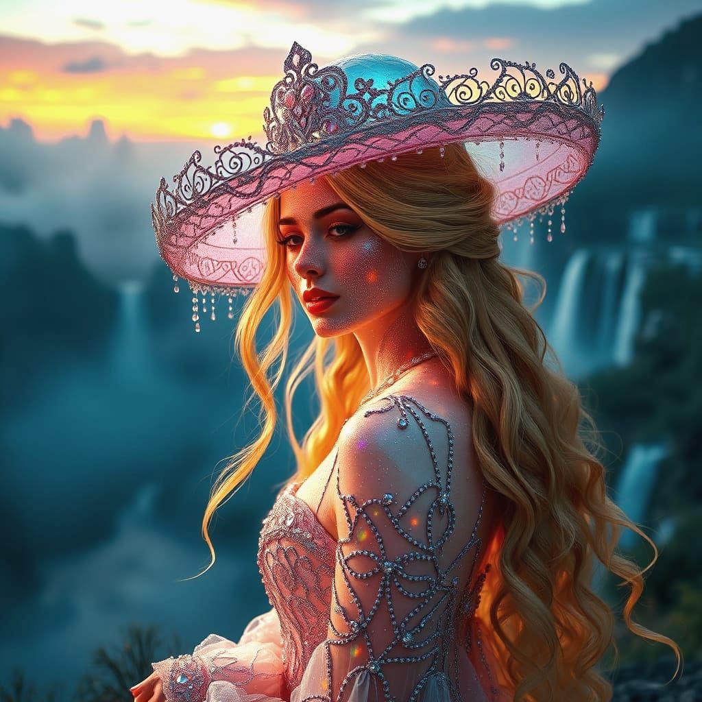 Ethereal Glass Goddess in Sunset Landscape