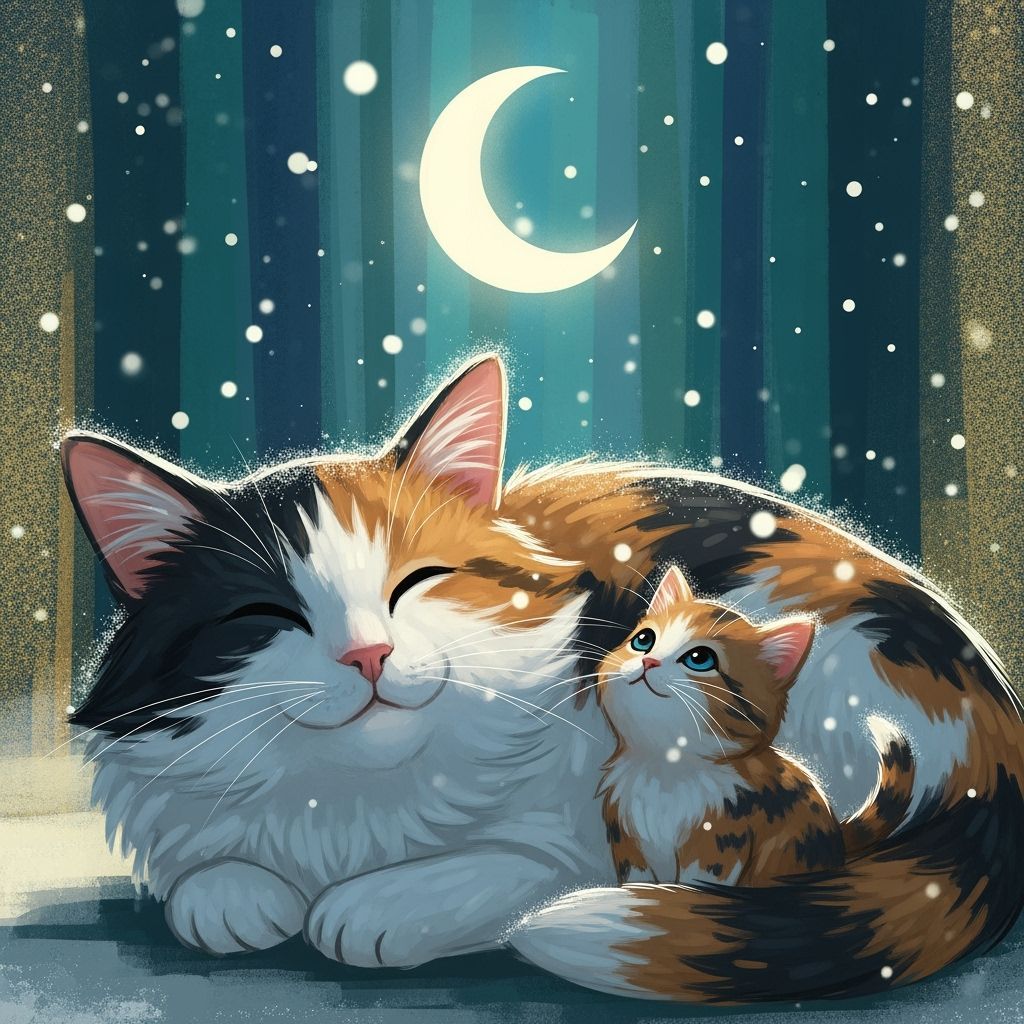 Majestic Cat and Kitten in Snowy Nightscape