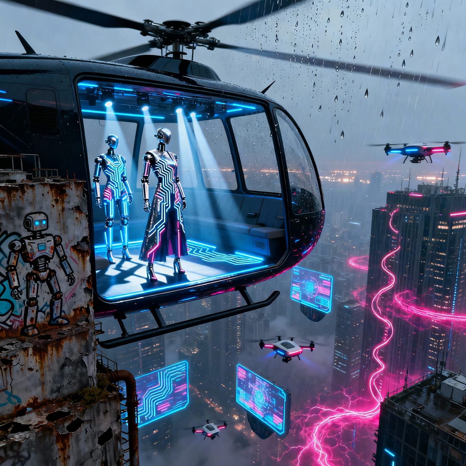 Futuristic Fashion Show in 2085 Helicopter Over Neon City