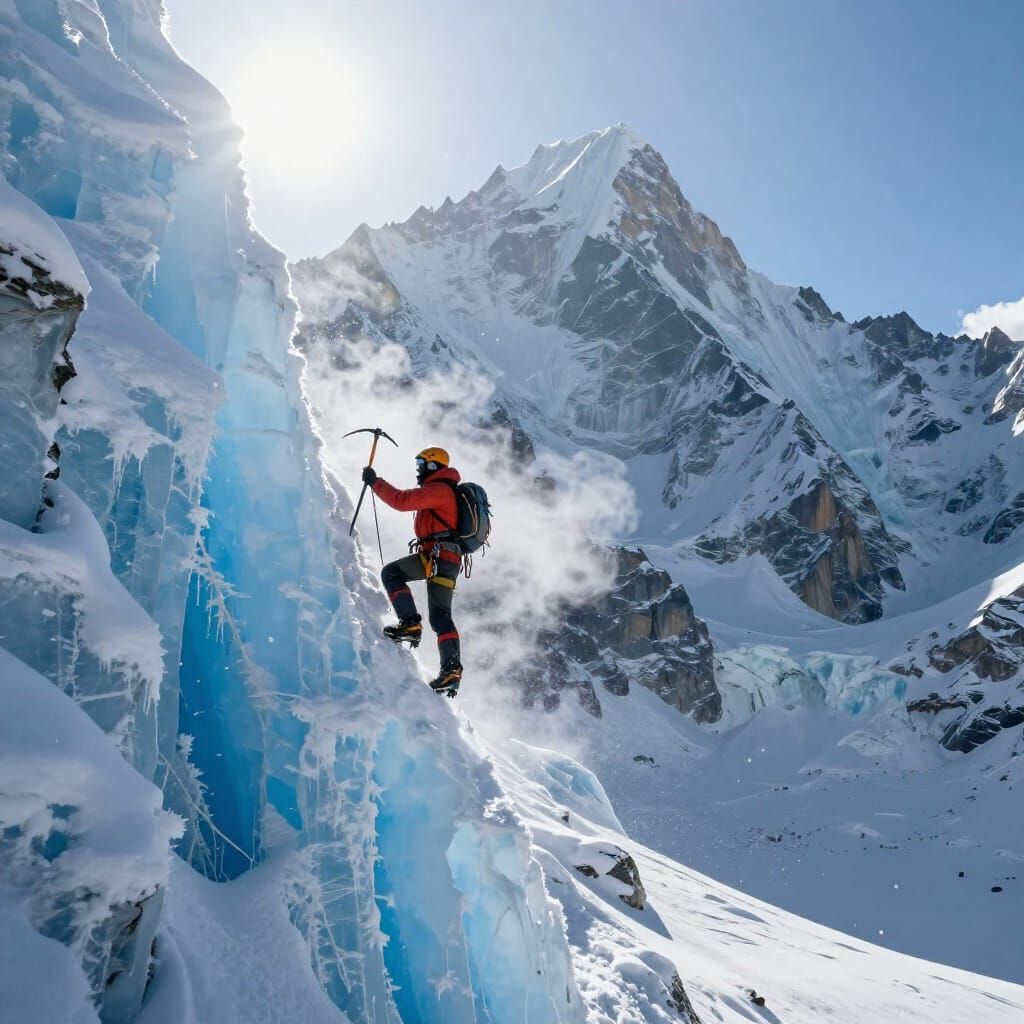 Mountaineer Ascends Himalayan Ice Wall in Epic Scale