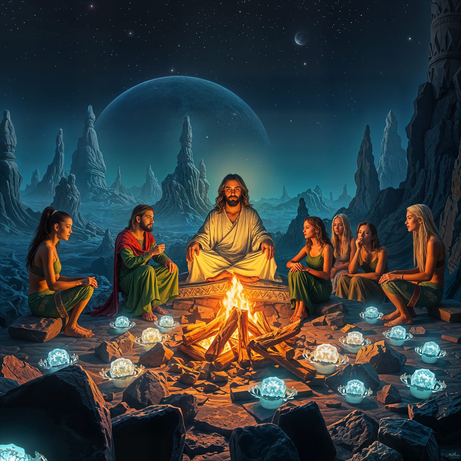 Surreal Cosmic Scene of Jesus Christ Teaching Alien Disciple...