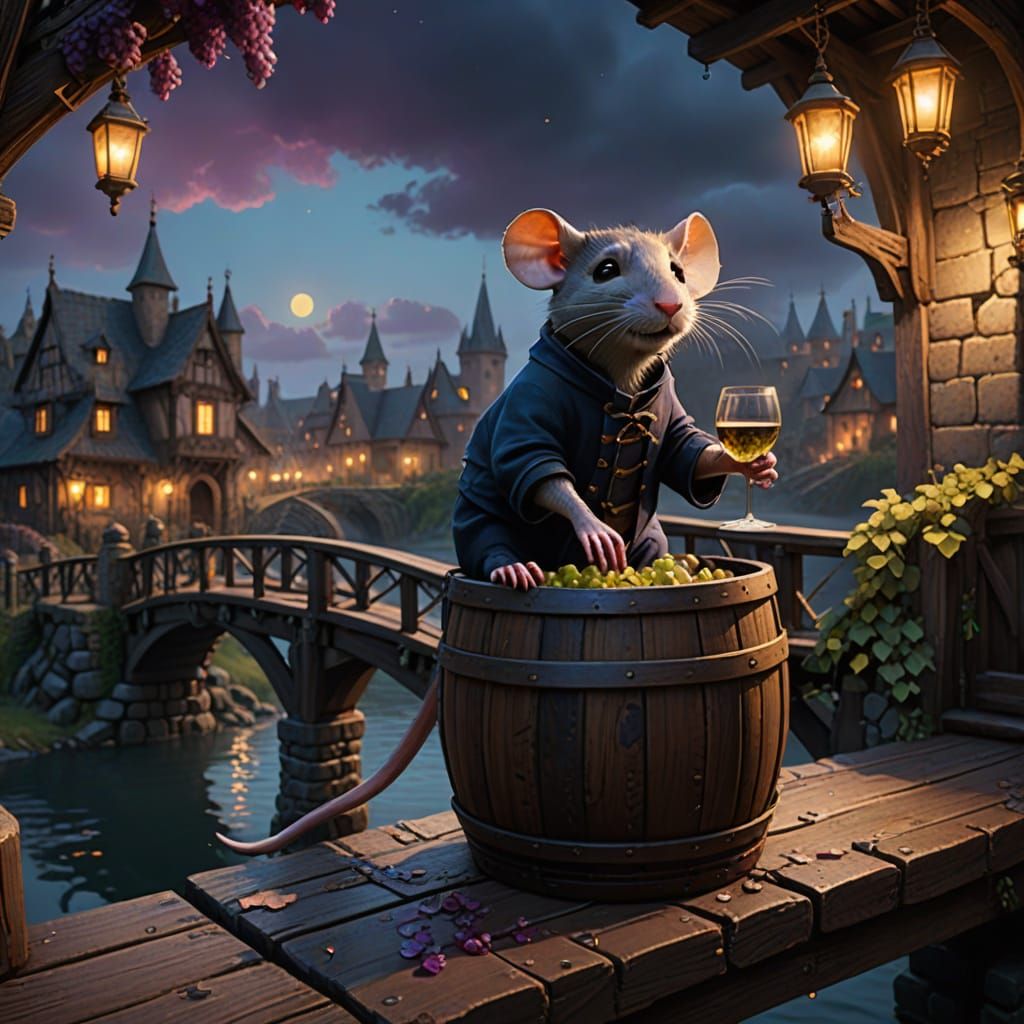 Whimsical Rat on Bridge, Holding Champagne and Wine Barrel
